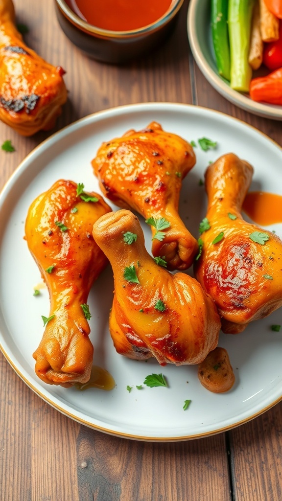 Oven-baked chicken drumsticks on a plate with herbs and roasted vegetables.